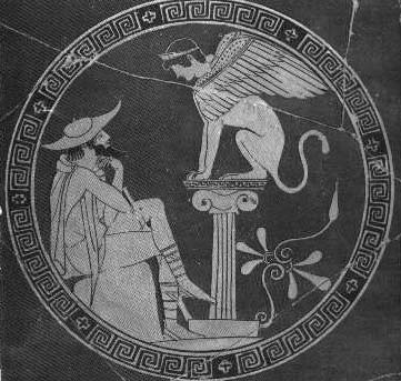 Ο Οιδίποδας λύνει το αίνιγμα της Σφίγγας (Αγγειογραφία 5ος αι. π.Χ., Ρώμη, Μουσείο Βατικανού)